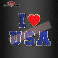 Chenille Patch with Glitter I Love USA  Iron Ons